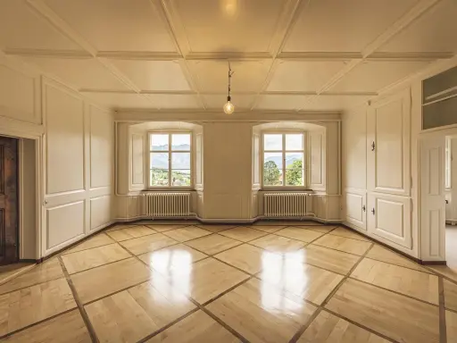 Interior of a room with ornate wooden floor, white paneled walls, two large windows with mountain views, and a single light bulb.