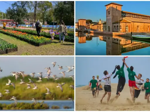 Fiori colorati, un canale con barca, stormo di uccelli e ragazzi che giocano a frisbee sulla spiaggia: un'allegra Pasquetta in Romagna.