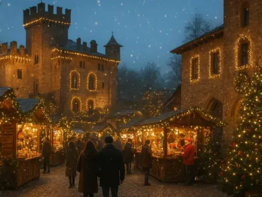 Magici mercatini di Natale in Romagna, con bancarelle illuminate e un castello sullo sfondo, mentre cade la neve.