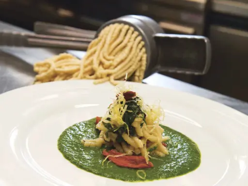 Pasta fresca fatta a mano su crema di verdure, un'idea su cosa mangiare a San Marino per un'esperienza culinaria autentica.