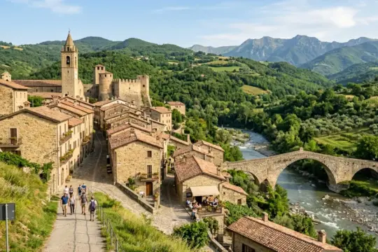 Borgo medievale incastonato tra le verdi montagne Emilia Romagna, con un fiume che scorre sotto un antico ponte di pietra.
