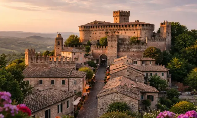 Borgo medievale con castello imponente, forse un tempo dimora dei Malatesta di Rimini, al tramonto.