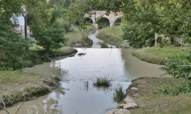 Un fiume serpeggia verso un antico ponte ad archi, evocando il **passaggio del Rubicone**. Vegetazione lussureggiante e acque tranquille.