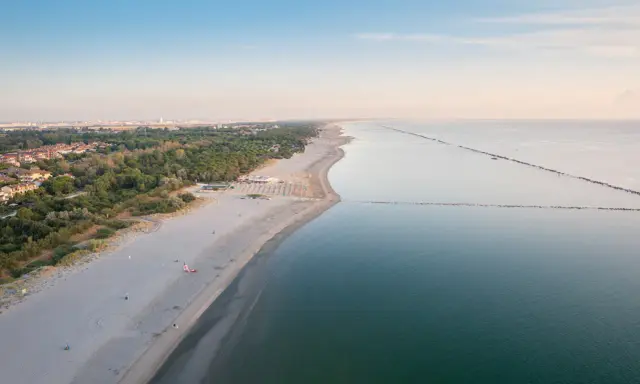 Vasta spiaggia dorata e mare calmo, con file di ombrelloni che delineano un lido di classe. All'orizzonte, la costa punteggiata di verde e costruzioni.