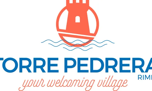 Logo di Torre Pedrera, con una torre stilizzata sopra il mare. Sotto, il nome "TORRE PEDRERA" e la scritta "your welcoming village Rimini".