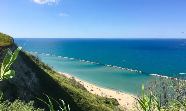 Vista panoramica della spiaggia di Fiorenzuola di Focara, con mare azzurro e scogliera verdeggiante.