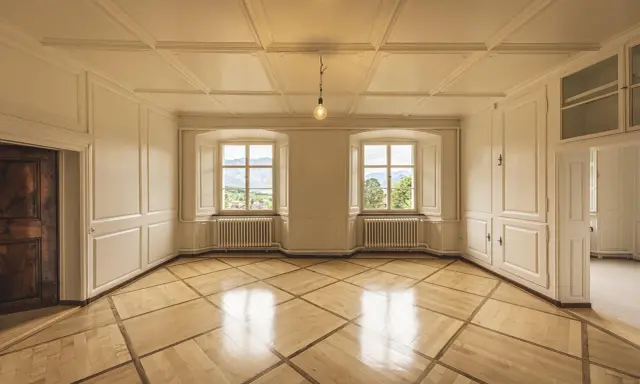 Interior of a room with ornate wooden floor, white paneled walls, two large windows with mountain views, and a single light bulb.