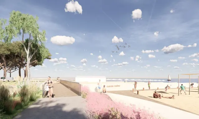 Passeggiata sul lungomare di Cesenatico Ponente, con persone che si godono la spiaggia e il mare sotto un cielo azzurro con nuvole bianche.