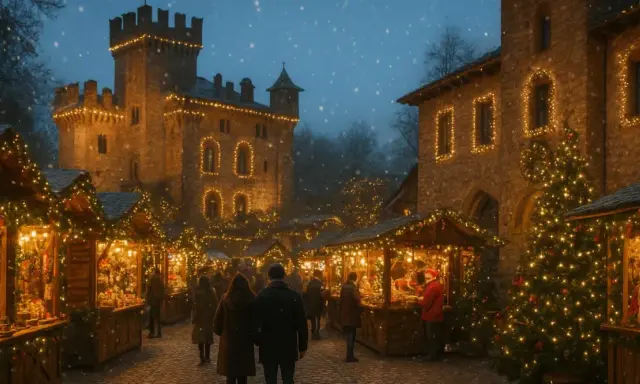 Magici mercatini di Natale in Romagna, con bancarelle illuminate e un castello sullo sfondo, mentre cade la neve.