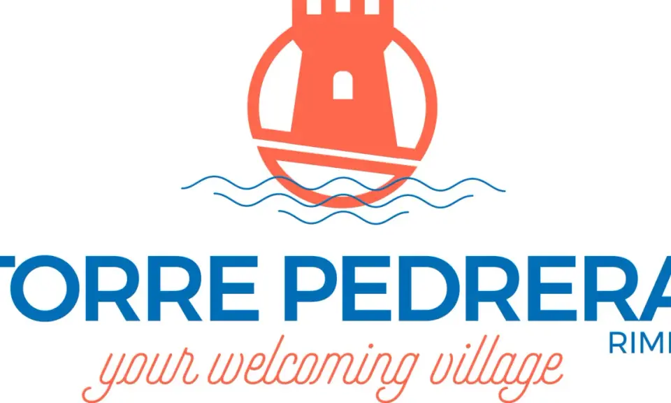 Logo di Torre Pedrera, con una torre stilizzata sopra il mare. Sotto, il nome "TORRE PEDRERA" e la scritta "your welcoming village Rimini".