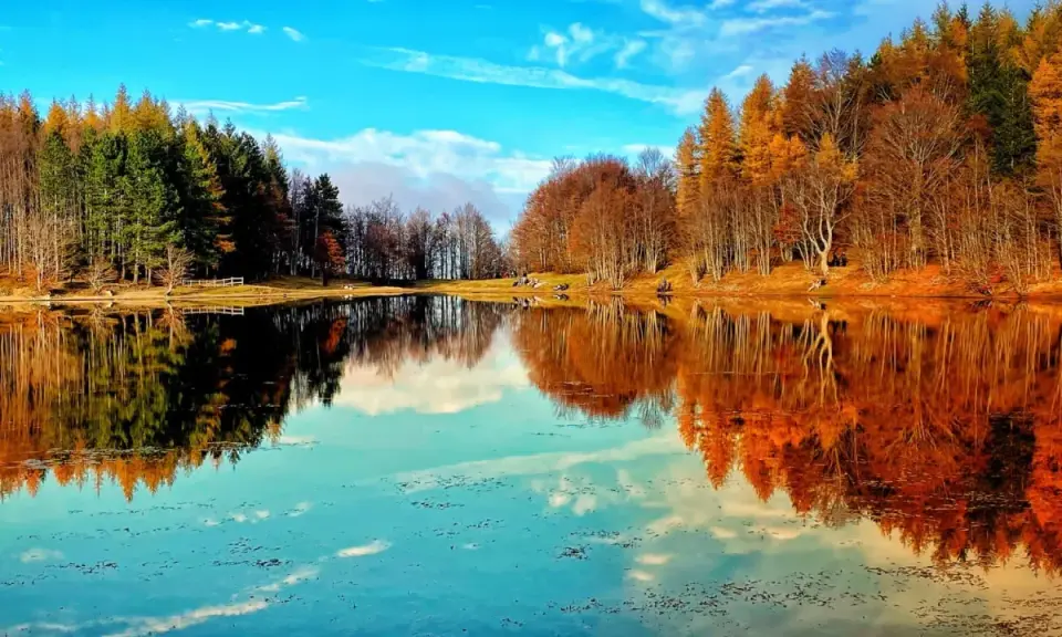 Lago specchiato con alberi autunnali e verdi, ideale per il trekking in Emilia Romagna. Cielo azzurro con nuvole bianche.
