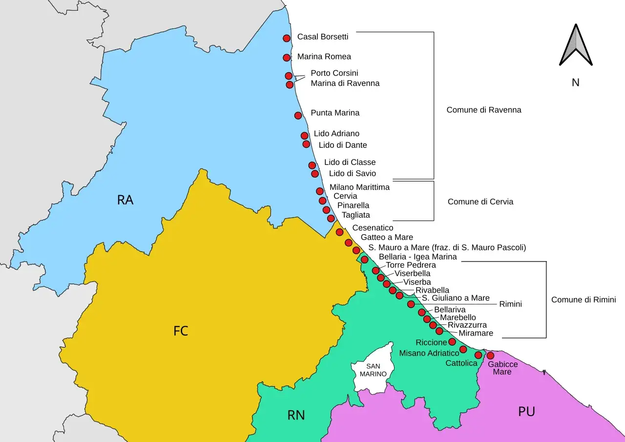Mappa della costa romagnola con località balneari. La scelta tra meglio Cervia o Cesenatico dipende dai gusti, entrambe offrono spiagge e divertimento.