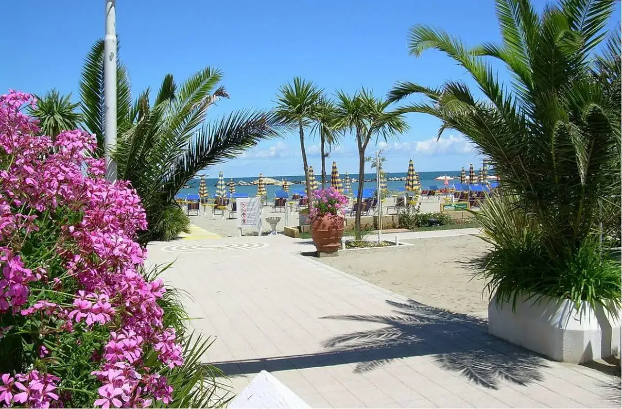 Fiori rosa e palme adornano il lungomare di San Mauro Mare, con ombrelloni colorati e lettini pronti per accogliere i bagnanti.