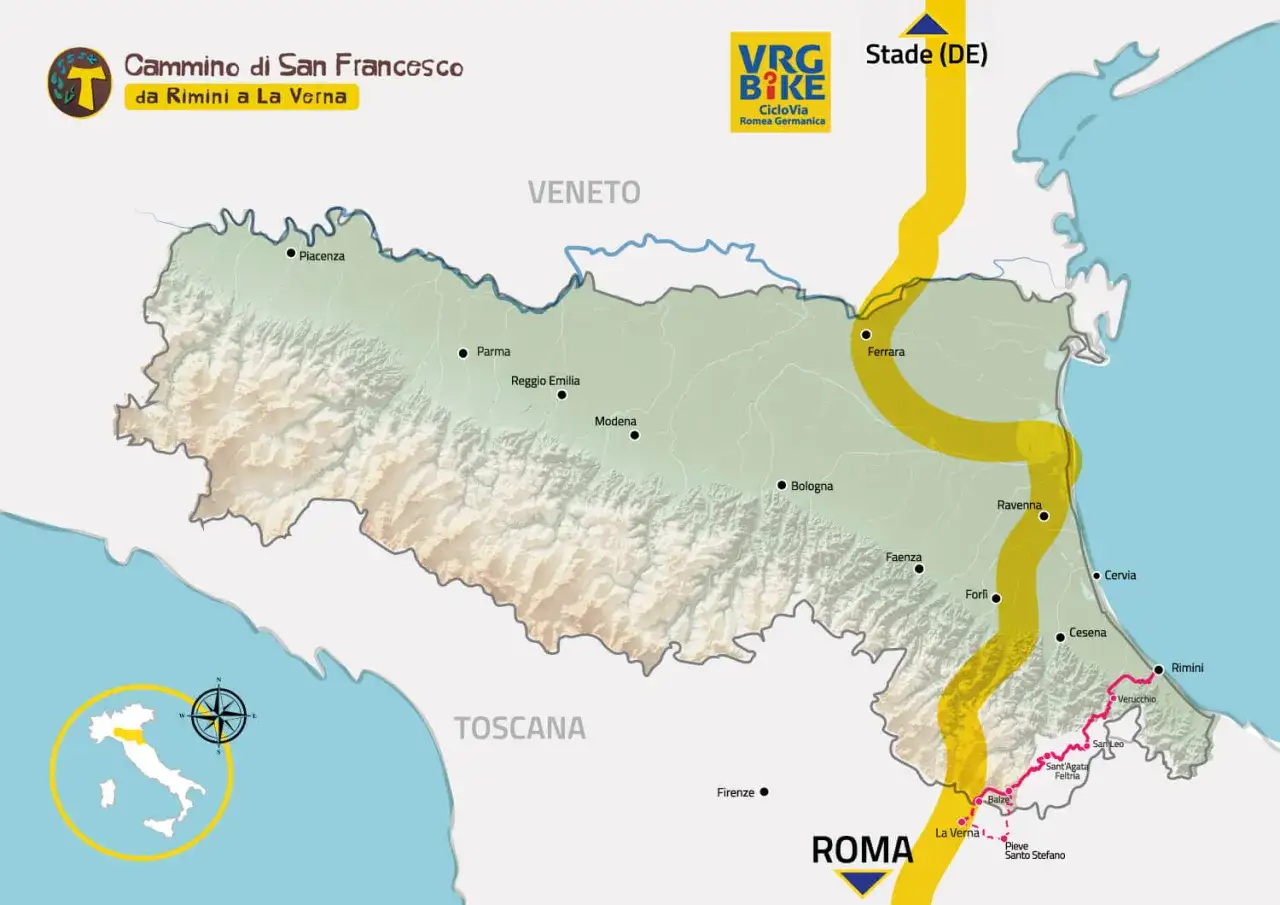 Mappa del cammino di San Francesco da Rimini a La Verna, con percorso ciclabile evidenziato.