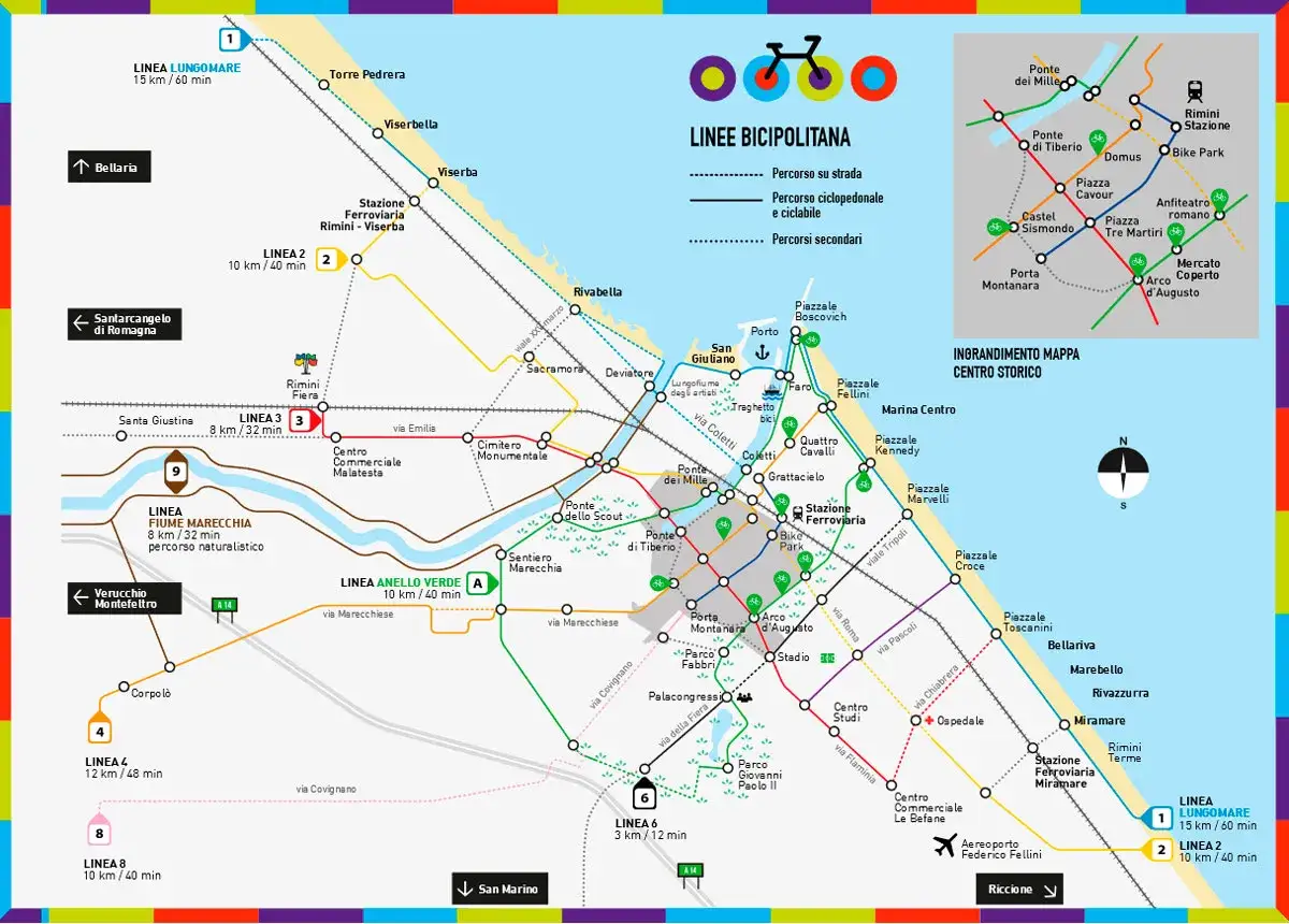 Mappa delle piste ciclabili di Rimini, con particolare attenzione a Marebello e alle linee che collegano il mare all'entroterra.