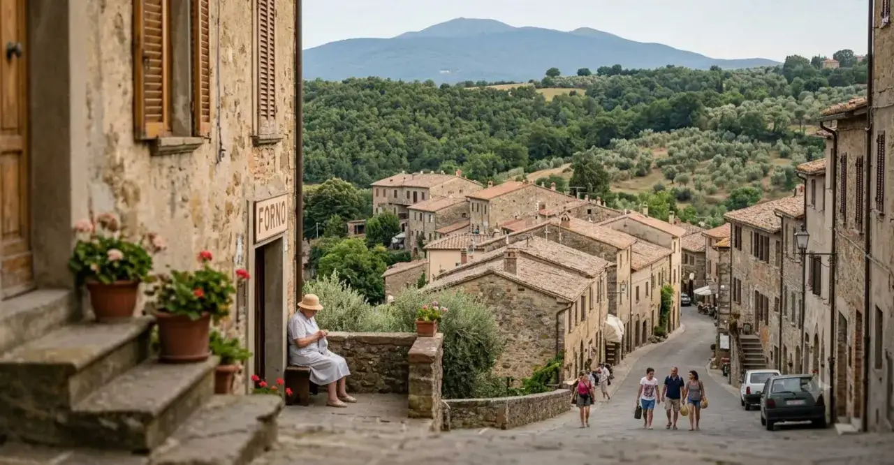 Un borgo toscano con case in pietra e uliveti. Perfetto per idee per Ferragosto, con una signora che lavora a maglia e gente che passeggia.