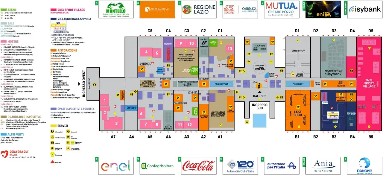 Mappa del Rimini Meeting: padiglioni, aree espositive, ristorazione e servizi. Un percorso per scoprire eventi e incontri.