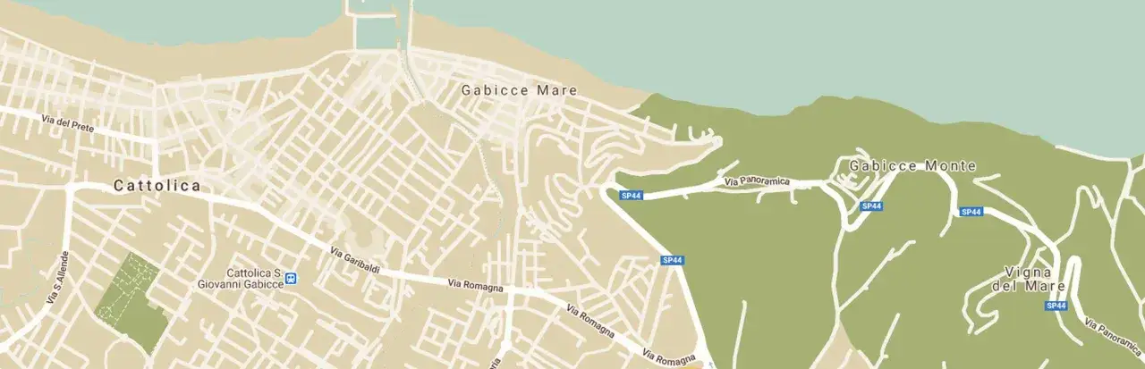 Cartina di Gabicce Mare e Cattolica, con strade, zone verdi e la SP44.