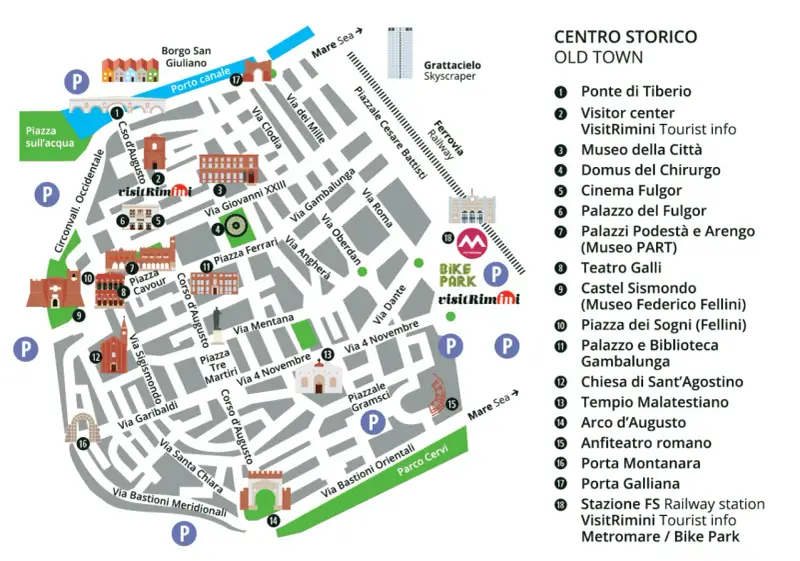 Mappa del centro storico di Rimini: scopri cosa vedere, dai monumenti storici ai parchi, con indicazioni per il turismo.